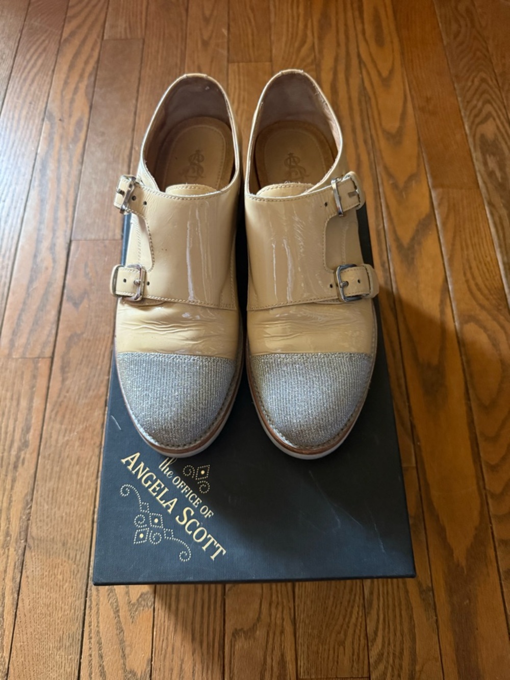 Women's Two-Tone Patent Leather Monk Strap Shoes - Angela Scott Nude Metalic